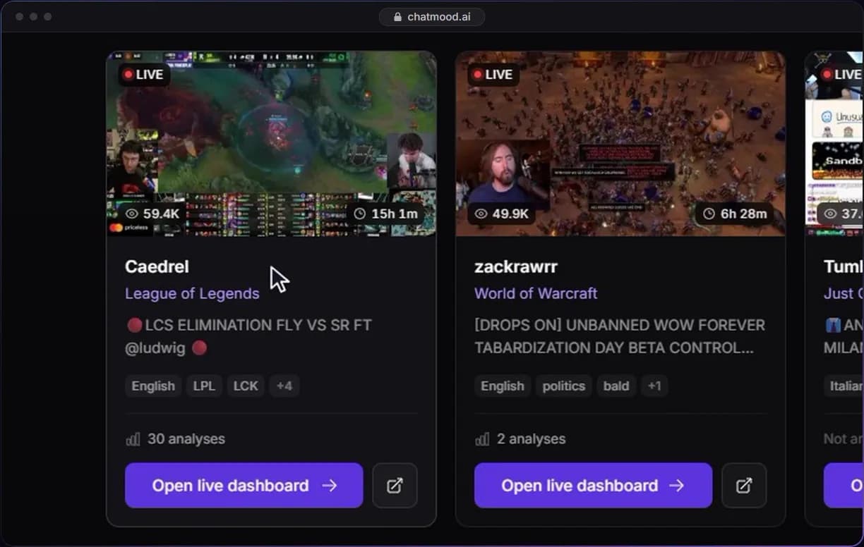 Channel browser with live Twitch channels and an Open live dashboard button on each card