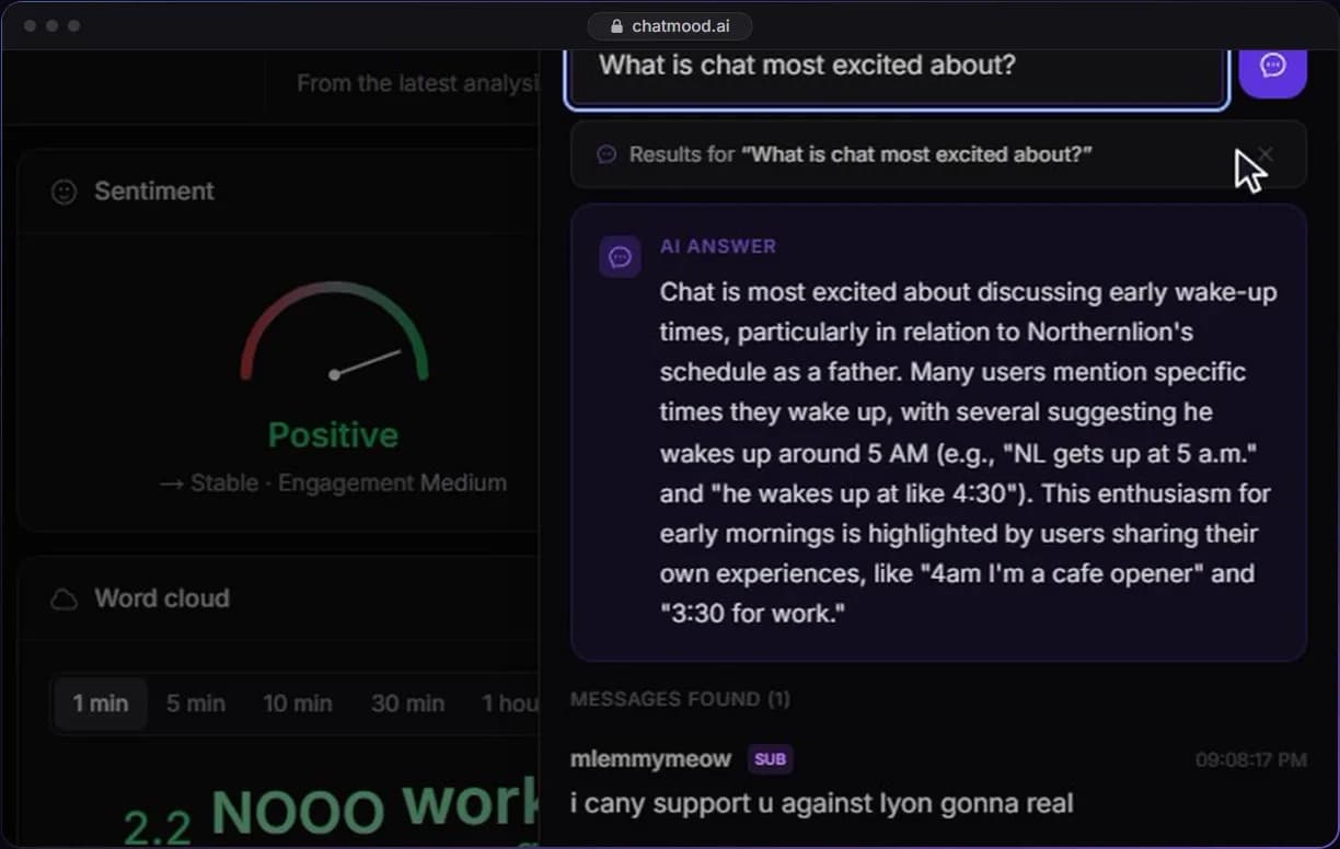 Chat Intel panel answering "What is chat most excited about?" with the messages it used