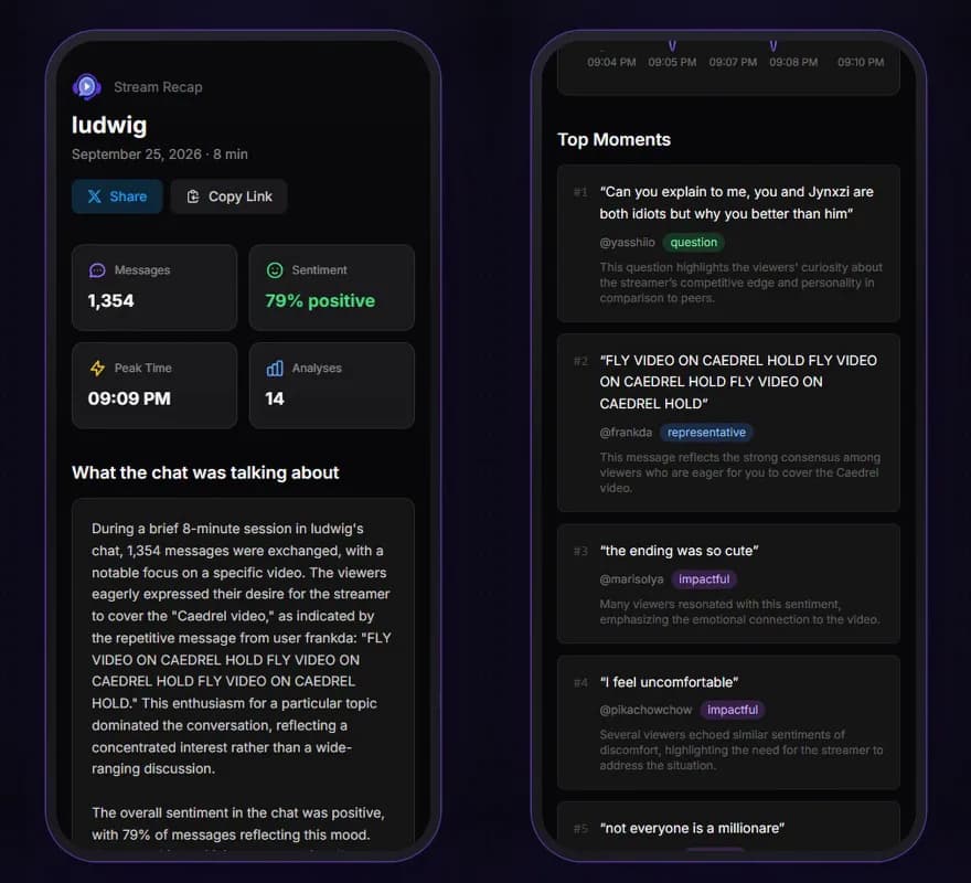 Stream recap on a phone with messages, sentiment, peak time and top moments