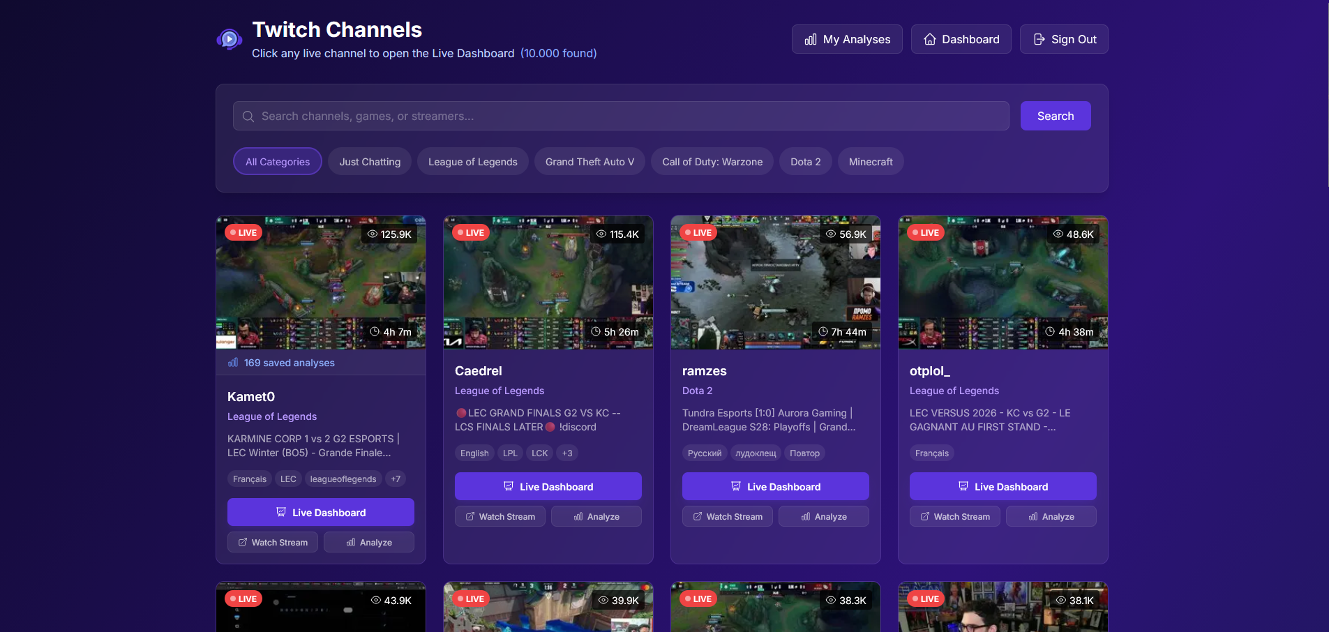 Channel browser showing live Twitch channels